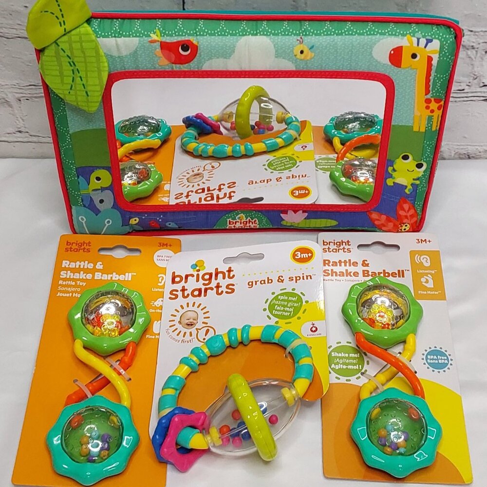 'BRIGHT STARS' BABY RATTLES & FLOOR MIRROR 4~PIECE BUNDLE BABY GIFT SET
